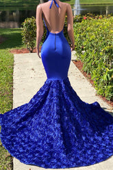 Royal Blue Halter V-Neck Open-Back Sleeveless Mermaid Prom Dress Evening Gown